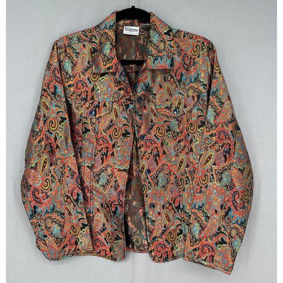 90s Vintage Jacket Womens Medium Black Paisley Colorful Tapestry Boho Button - Picture 7 of 9